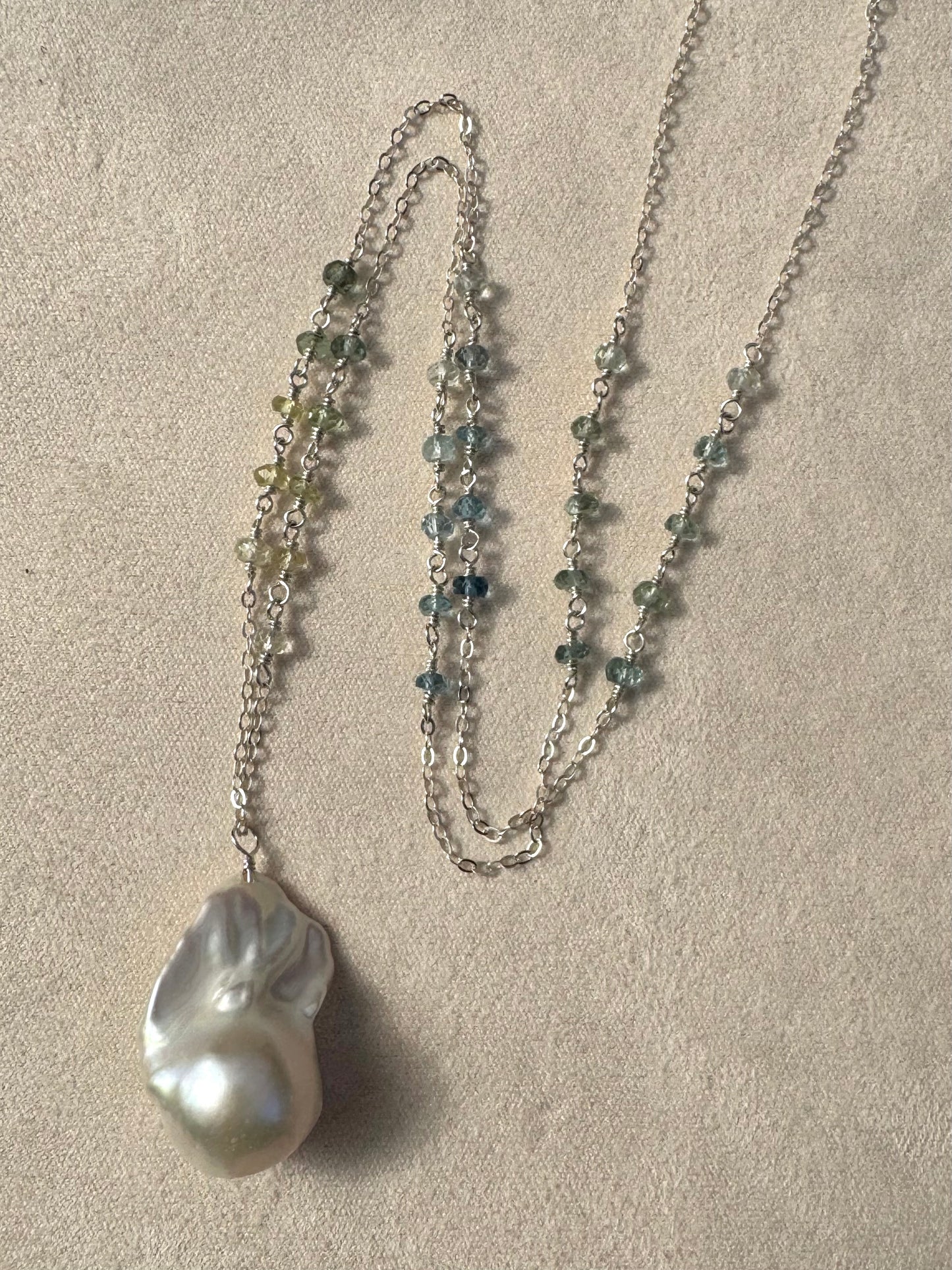 Willa - White Baroque Flameball Pearl Pendant with Wire Wrapped Aquamarines in Sterling Silver