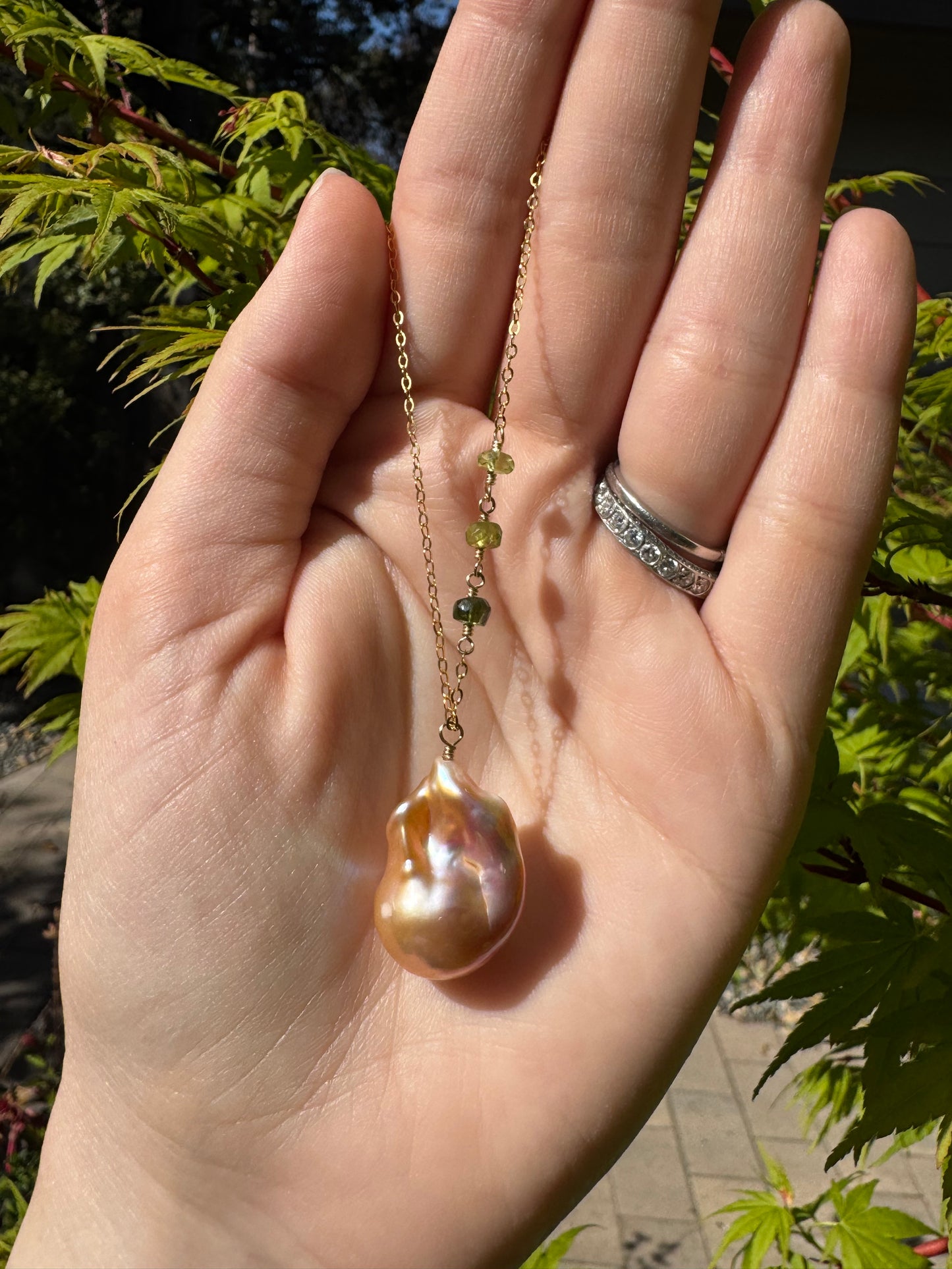 Calla - Pink Baroque Flameball Pearl Pendant with Wire Wrapped Multi Gemstones in Gold-Fill