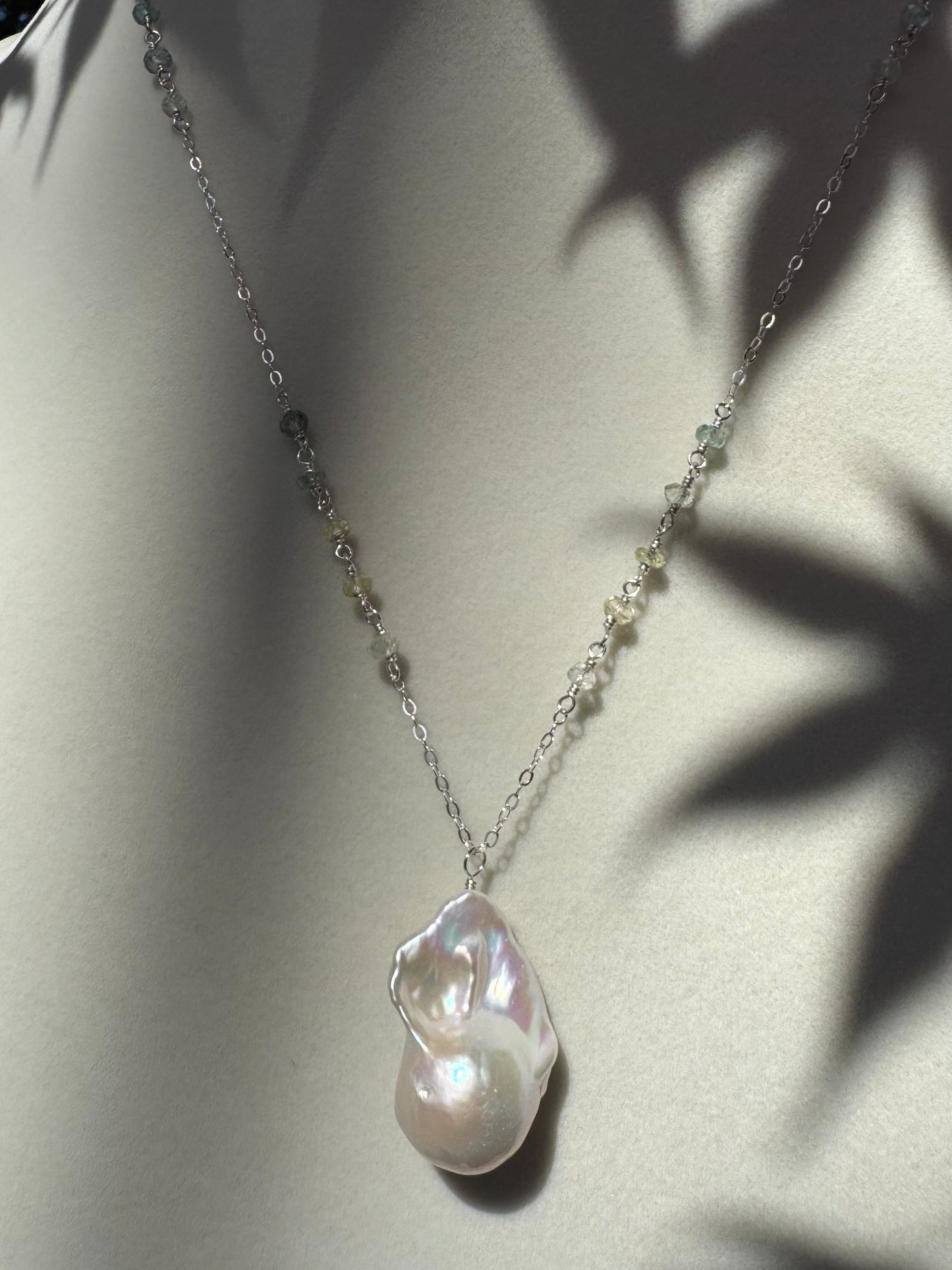 Willa - White Baroque Flameball Pearl Pendant with Wire Wrapped Aquamarines in Sterling Silver