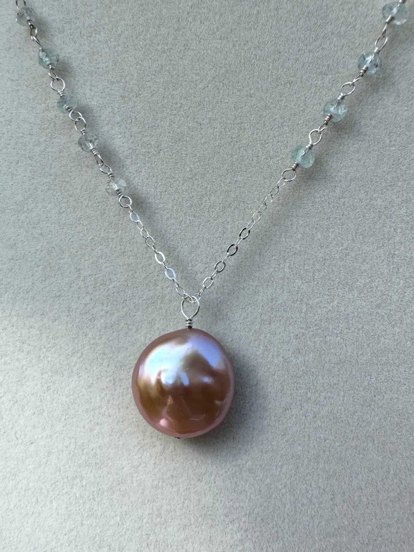 Mae - Pink Coin Pearl Pendant with Wire Wrapped Aquamarines in Sterling Silver