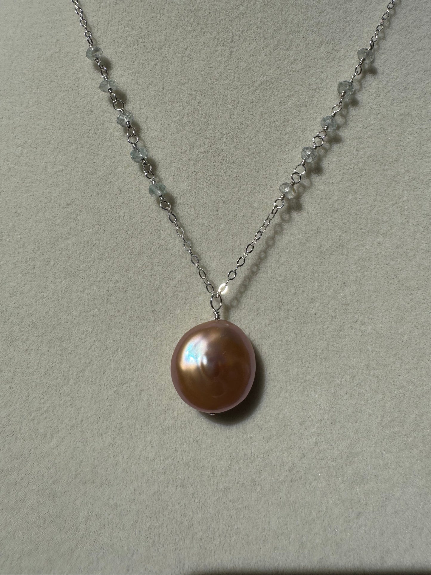 Mae - Pink Coin Pearl Pendant with Wire Wrapped Aquamarines in Sterling Silver