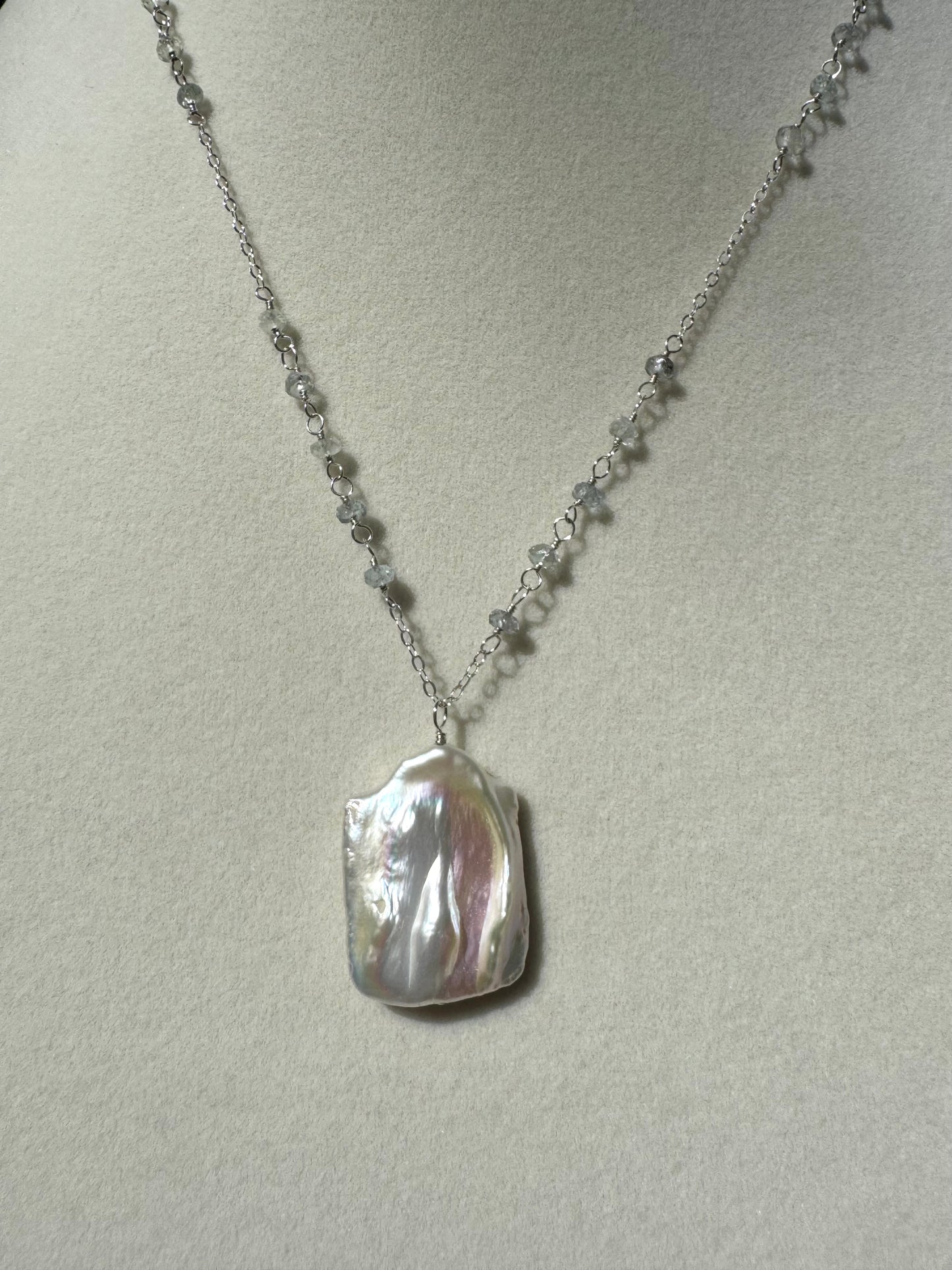 Ariel - Large Baroque Pearl Pendant with Wire Wrapped Aquamarines in Sterling Silver