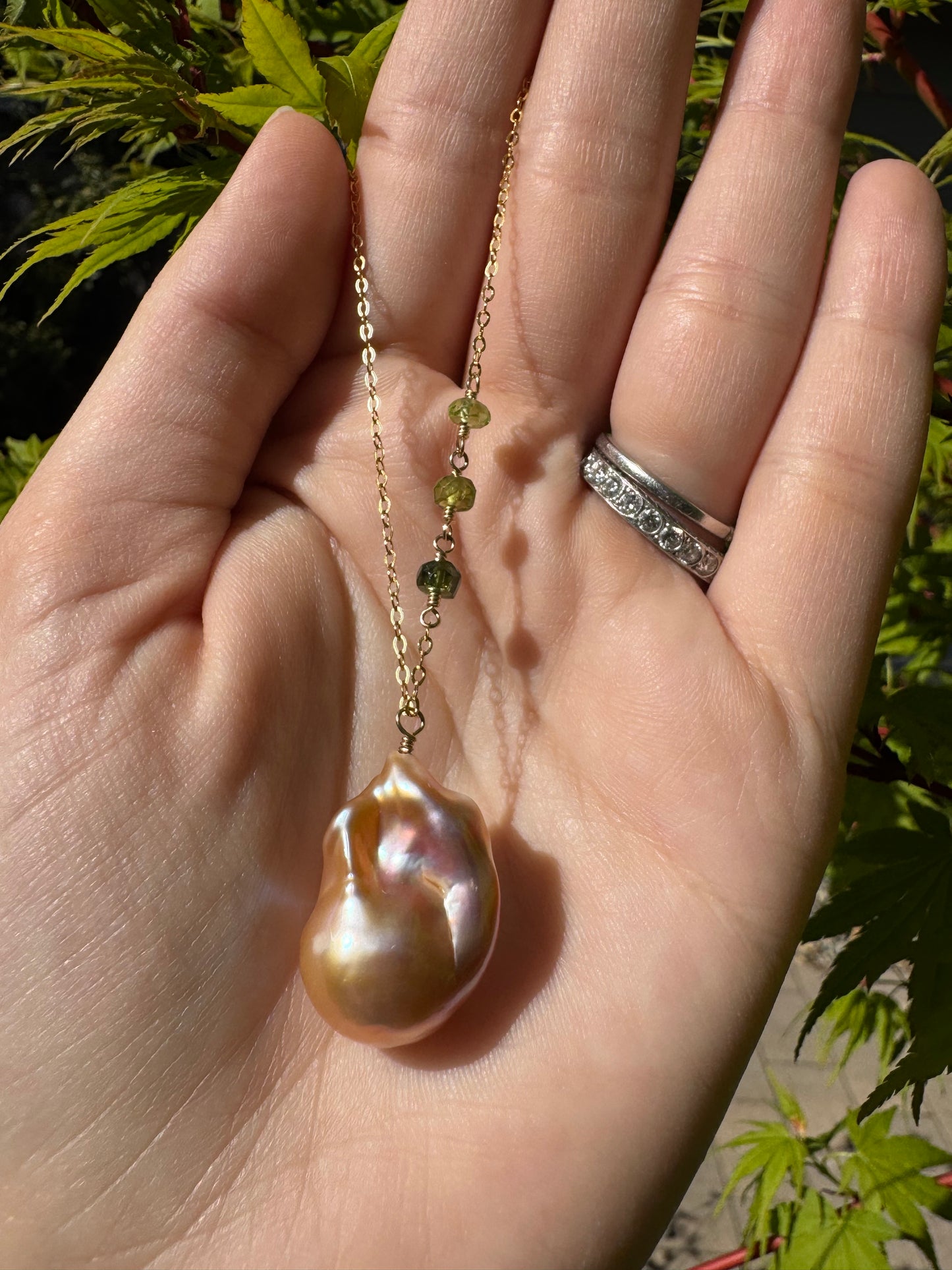 Calla - Pink Baroque Flameball Pearl Pendant with Wire Wrapped Multi Gemstones in Gold-Fill