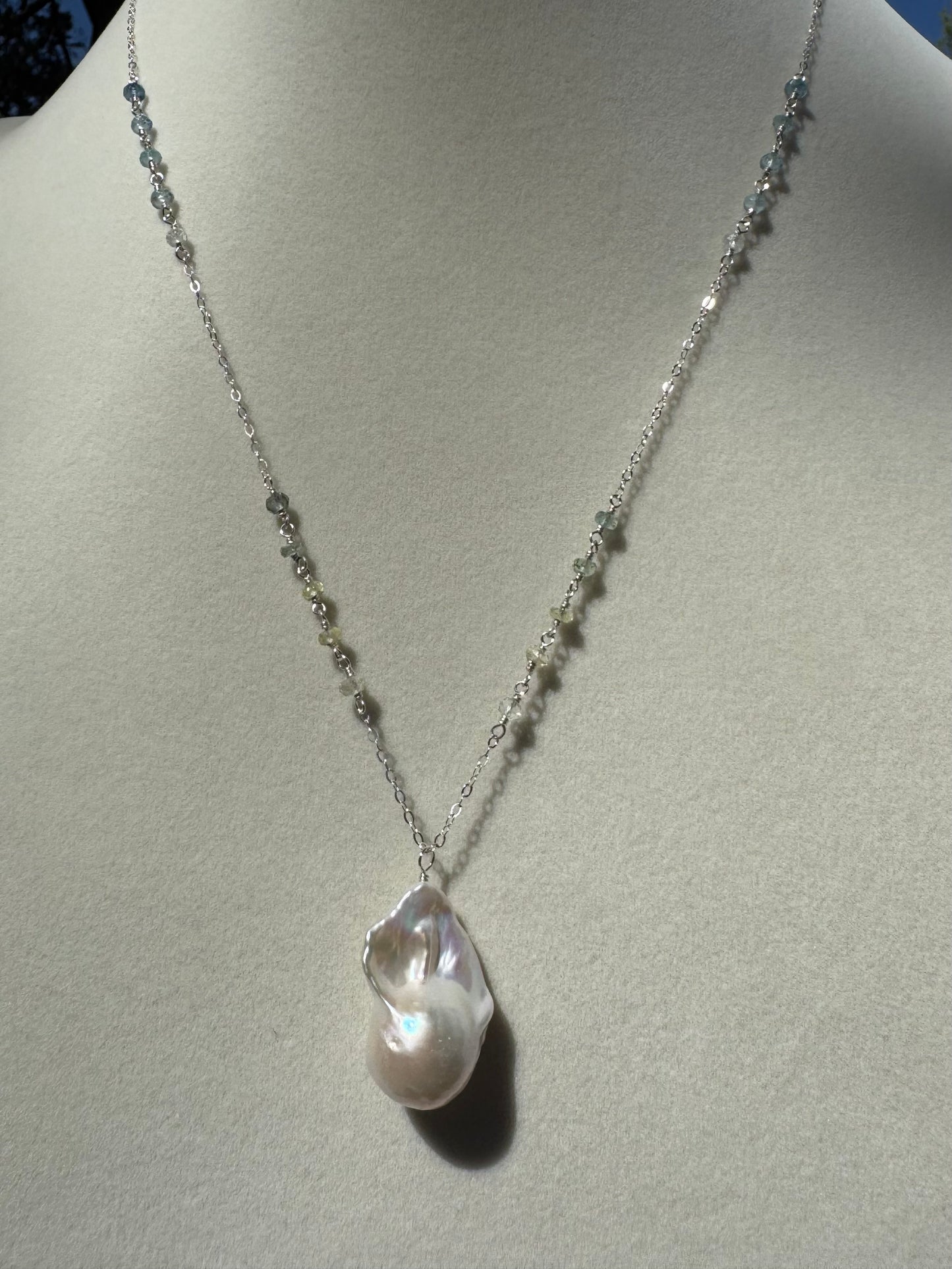 Willa - White Baroque Flameball Pearl Pendant with Wire Wrapped Aquamarines in Sterling Silver