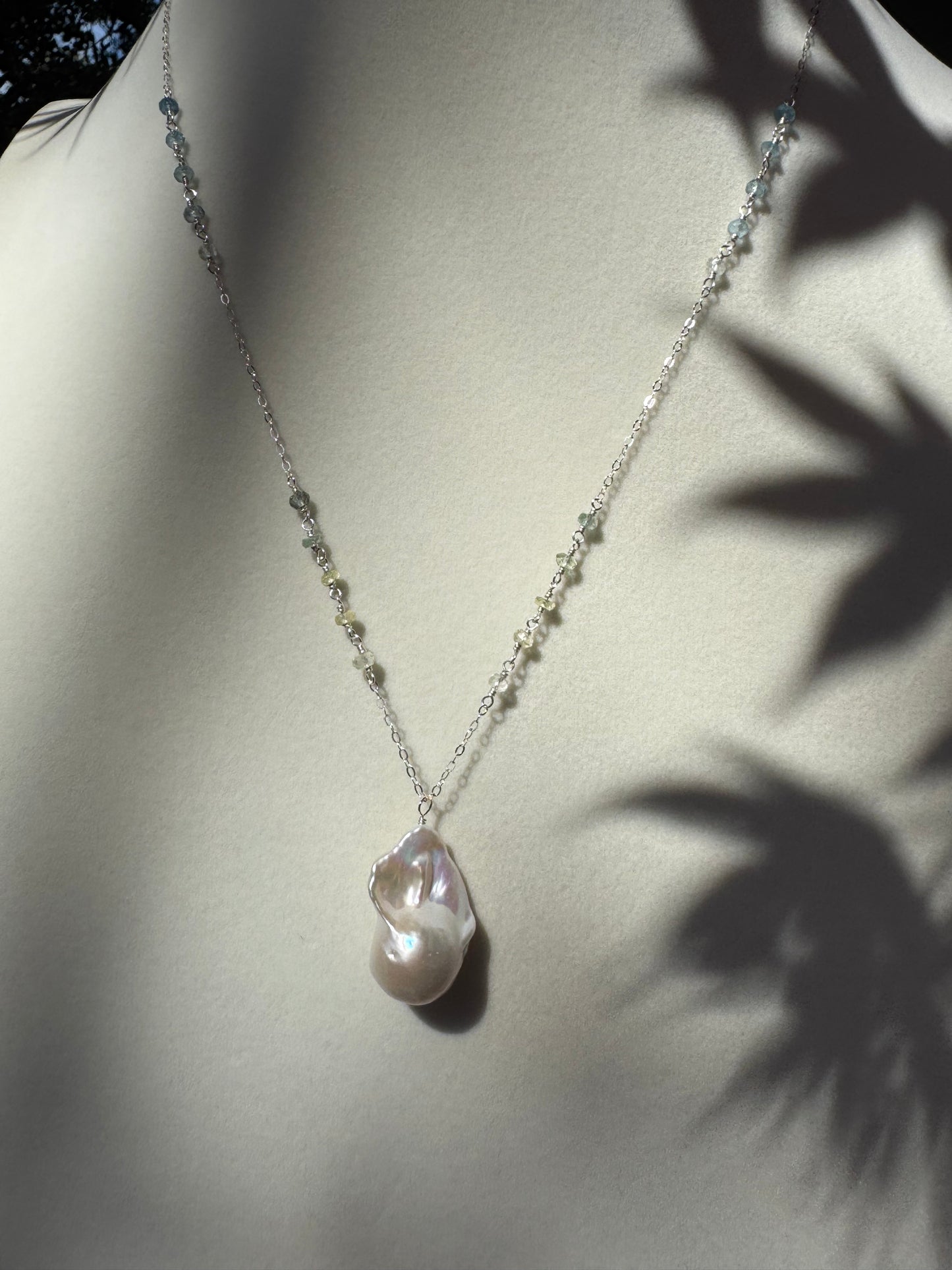 Willa - White Baroque Flameball Pearl Pendant with Wire Wrapped Aquamarines in Sterling Silver