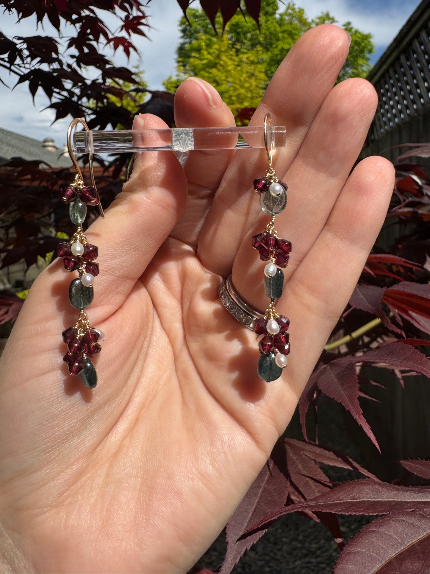 OOAK - Blue Tourmaline, Garnet and Pearl Earrings