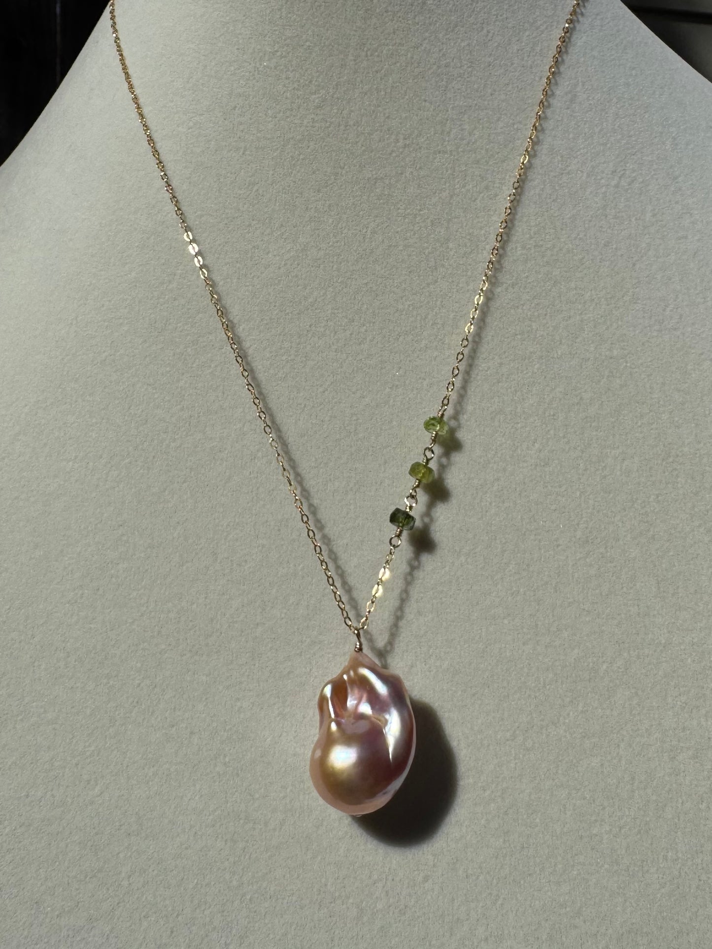 Calla - Pink Baroque Flameball Pearl Pendant with Wire Wrapped Multi Gemstones in Gold-Fill