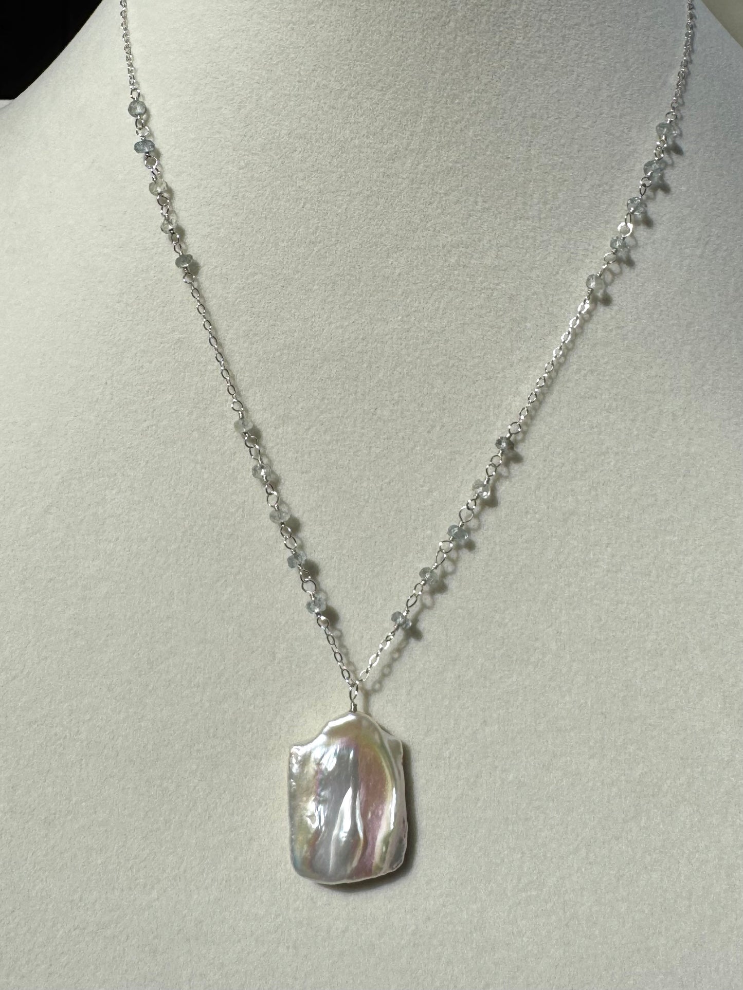 Ariel - Large Baroque Pearl Pendant with Wire Wrapped Aquamarines in Sterling Silver