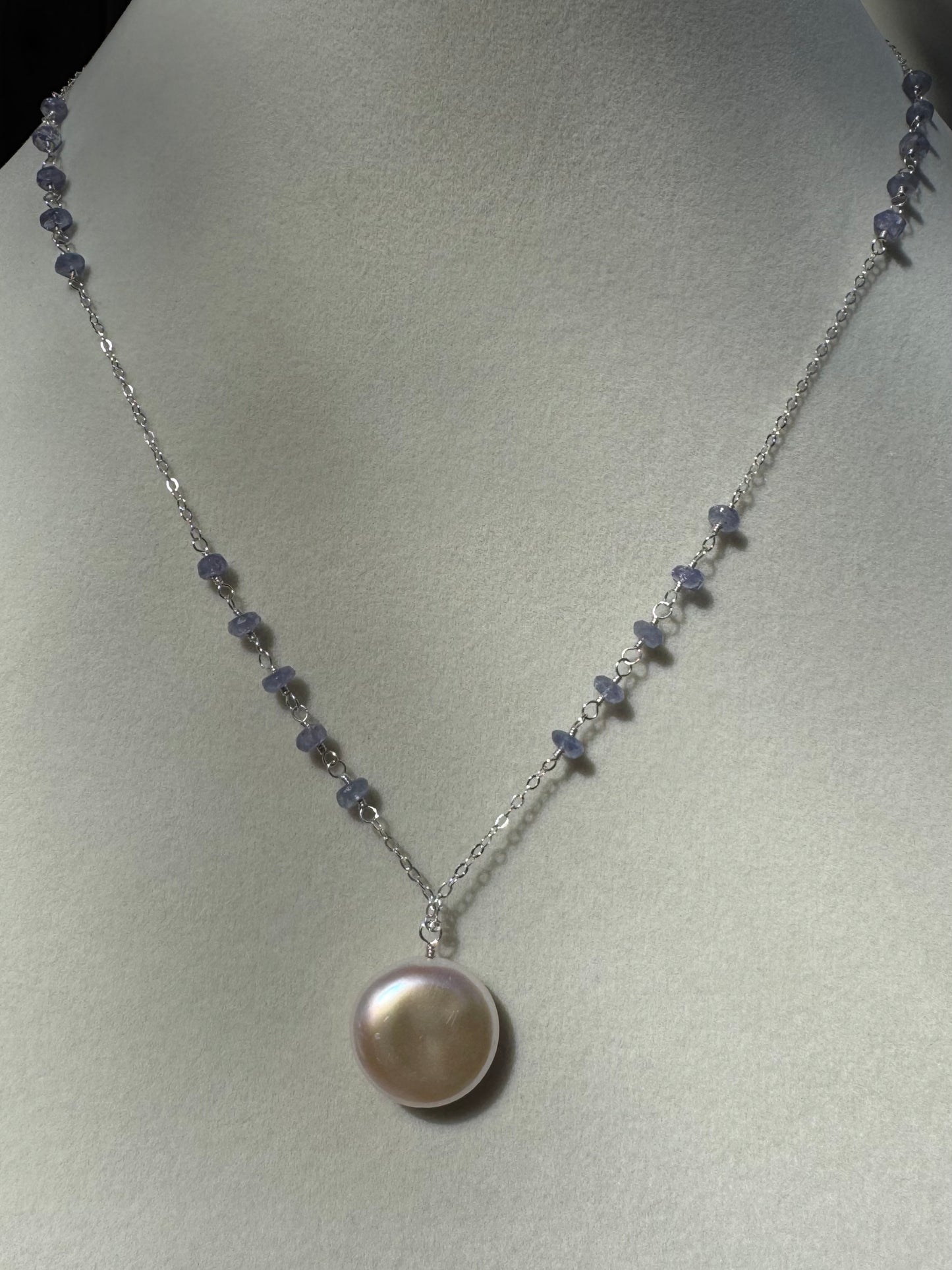 Iris - Coin Pearl Pendant with Wire Wrapped Tanzanite