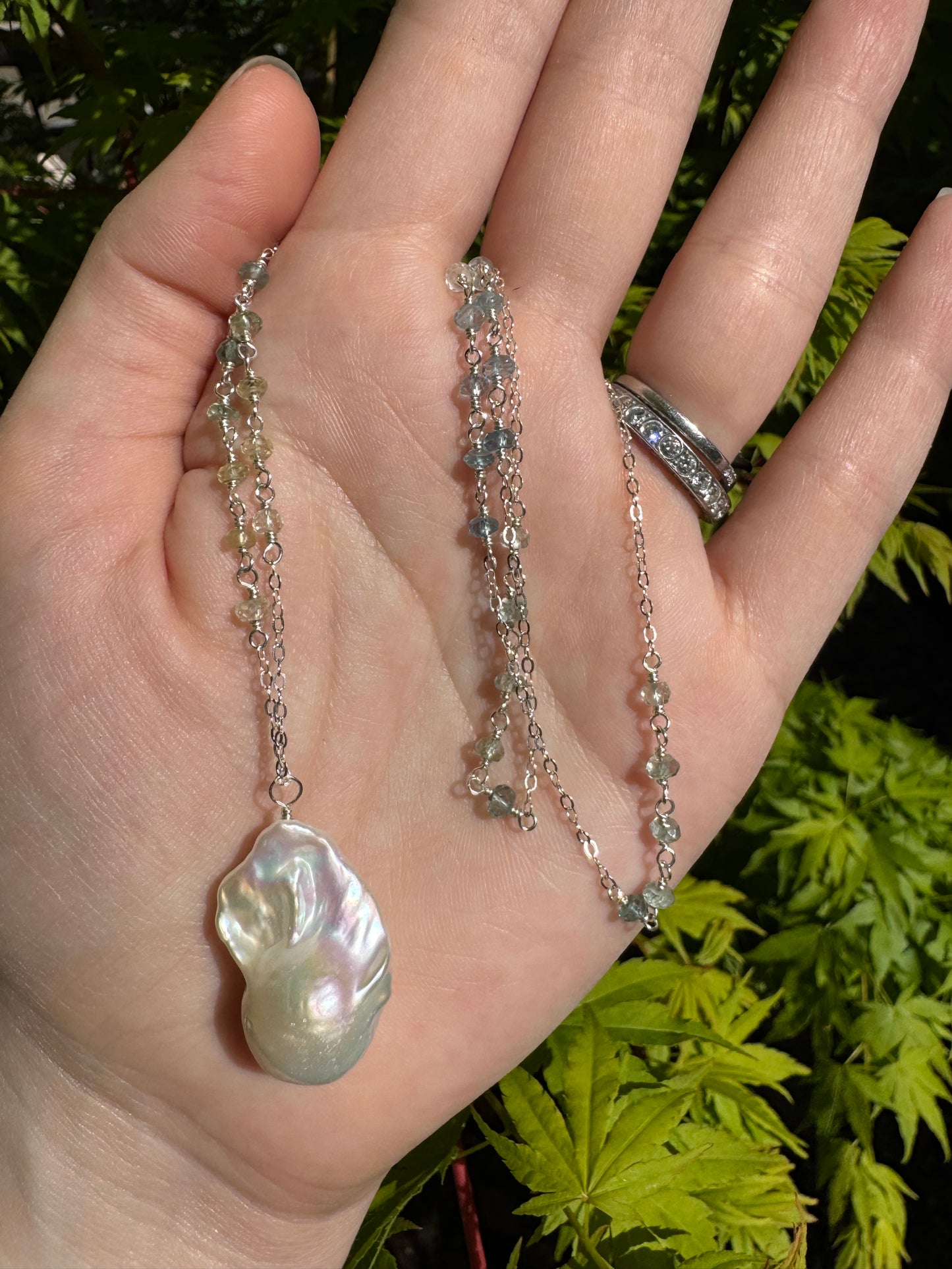 Willa - White Baroque Flameball Pearl Pendant with Wire Wrapped Aquamarines in Sterling Silver
