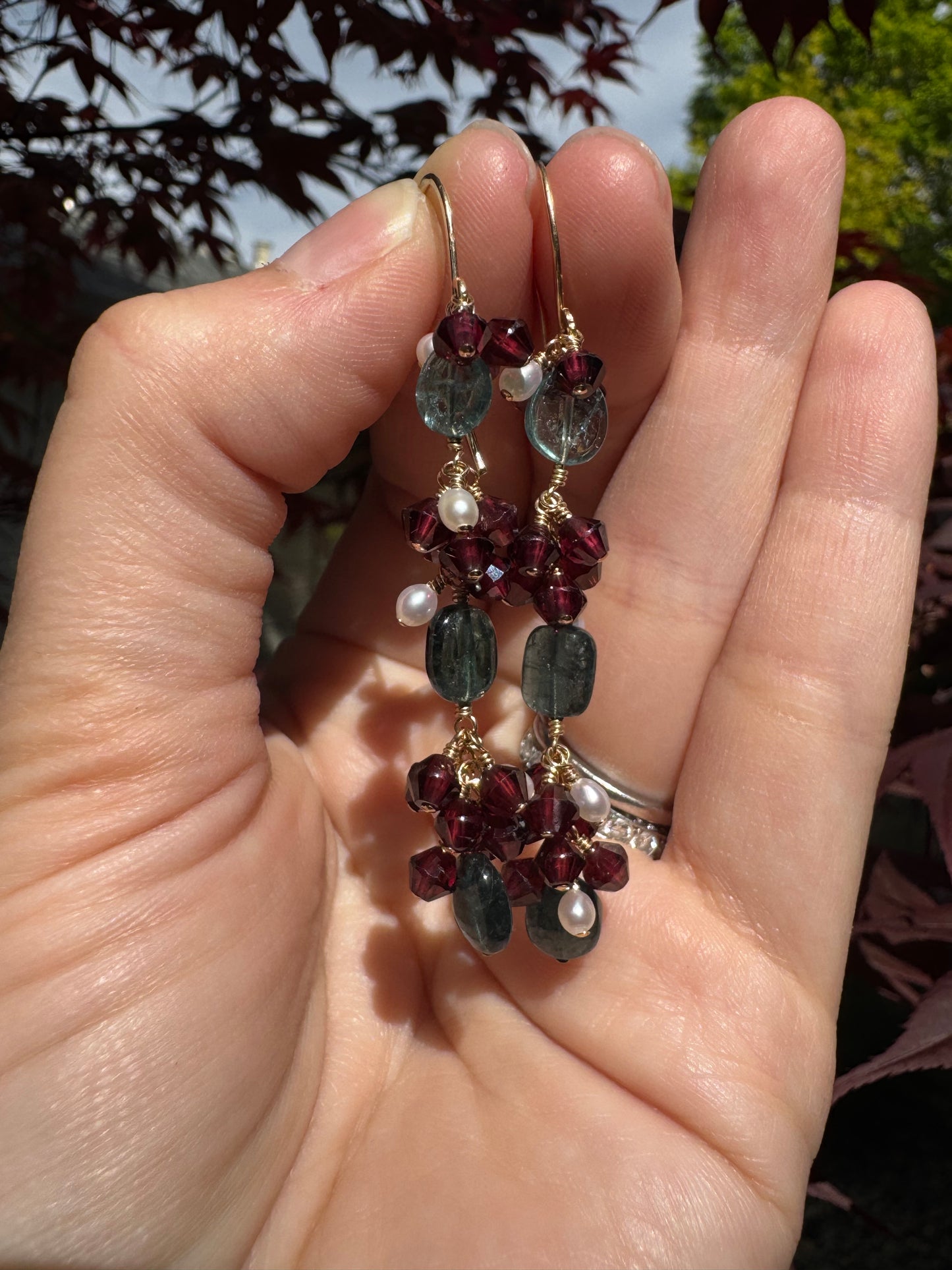 OOAK - Blue Tourmaline, Garnet and Pearl Earrings