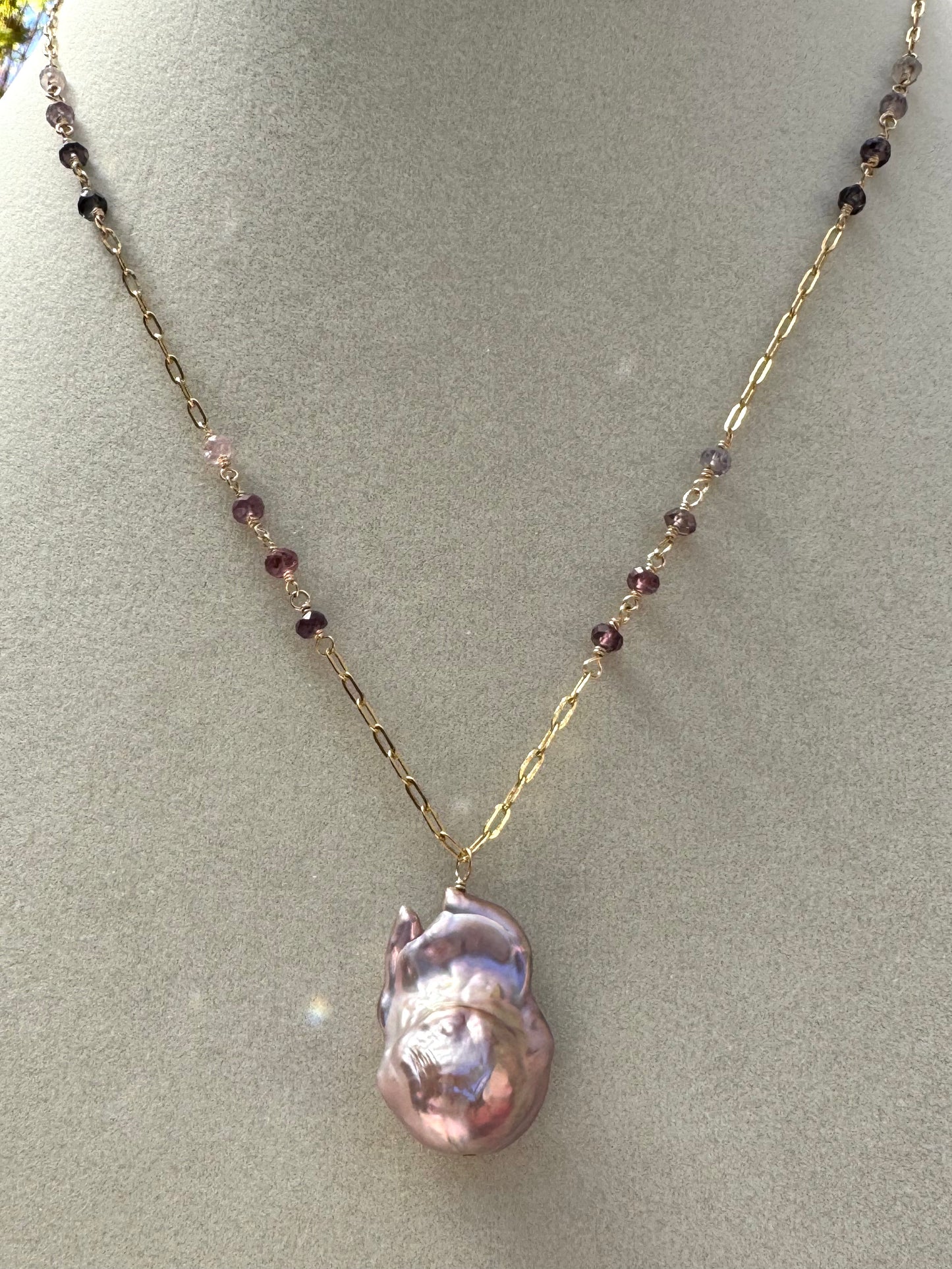 Rhea - Mauve Flameball Baroque Pearl Pendant with Wire Wrapped Ombre Spinel in 14kt Gold-Fill