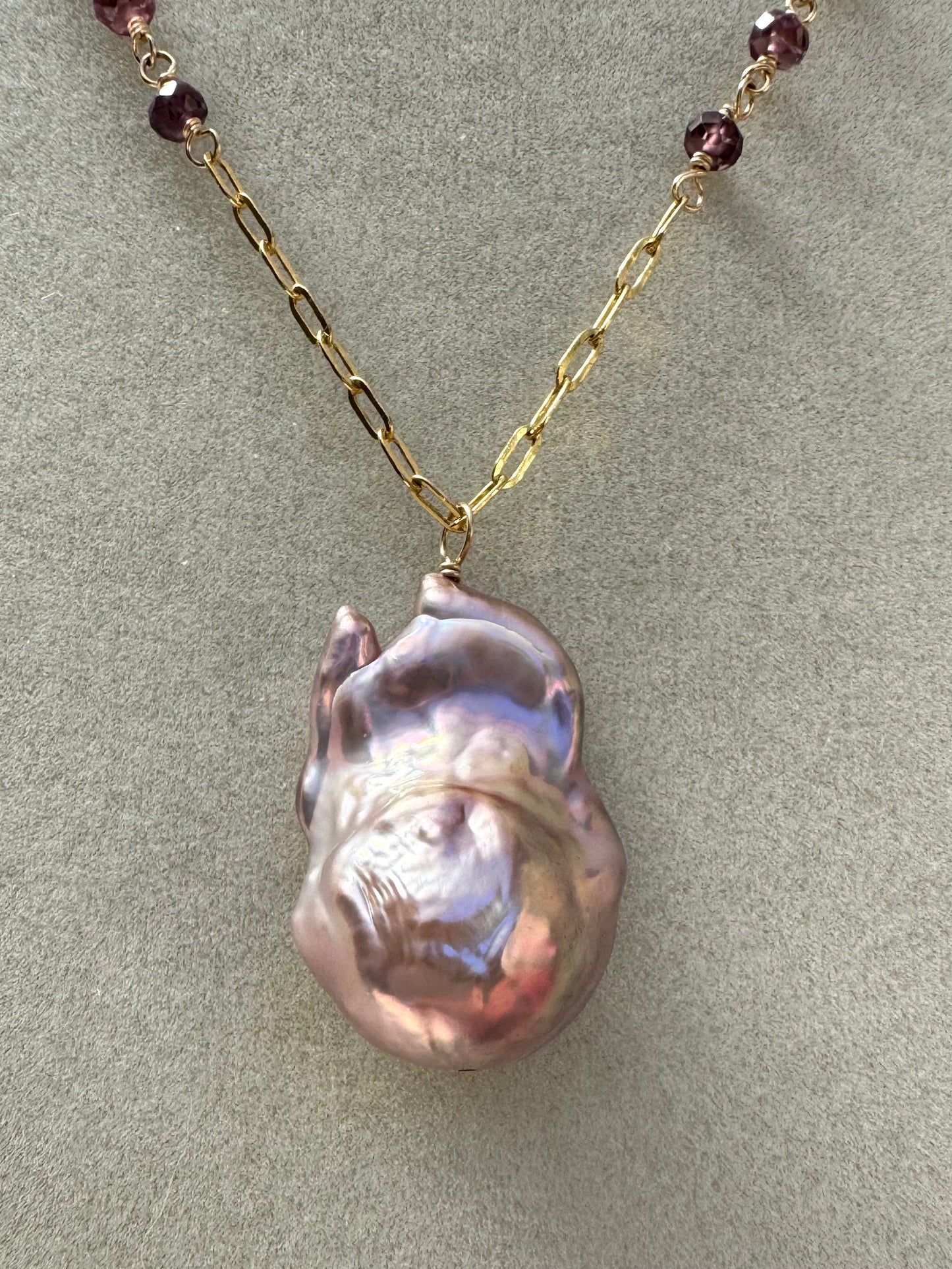 Rhea - Mauve Flameball Baroque Pearl Pendant with Wire Wrapped Ombre Spinel in 14kt Gold-Fill
