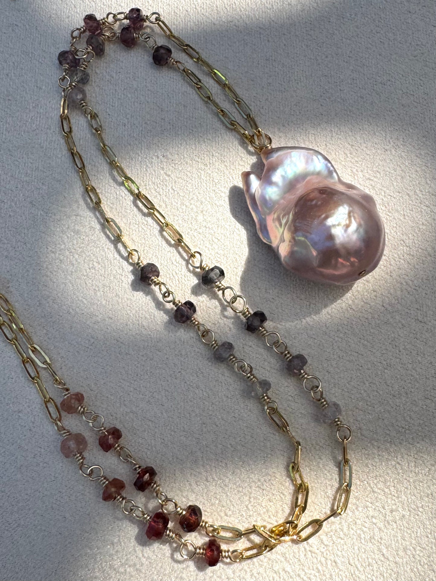 Rhea - Mauve Flameball Baroque Pearl Pendant with Wire Wrapped Ombre Spinel in 14kt Gold-Fill
