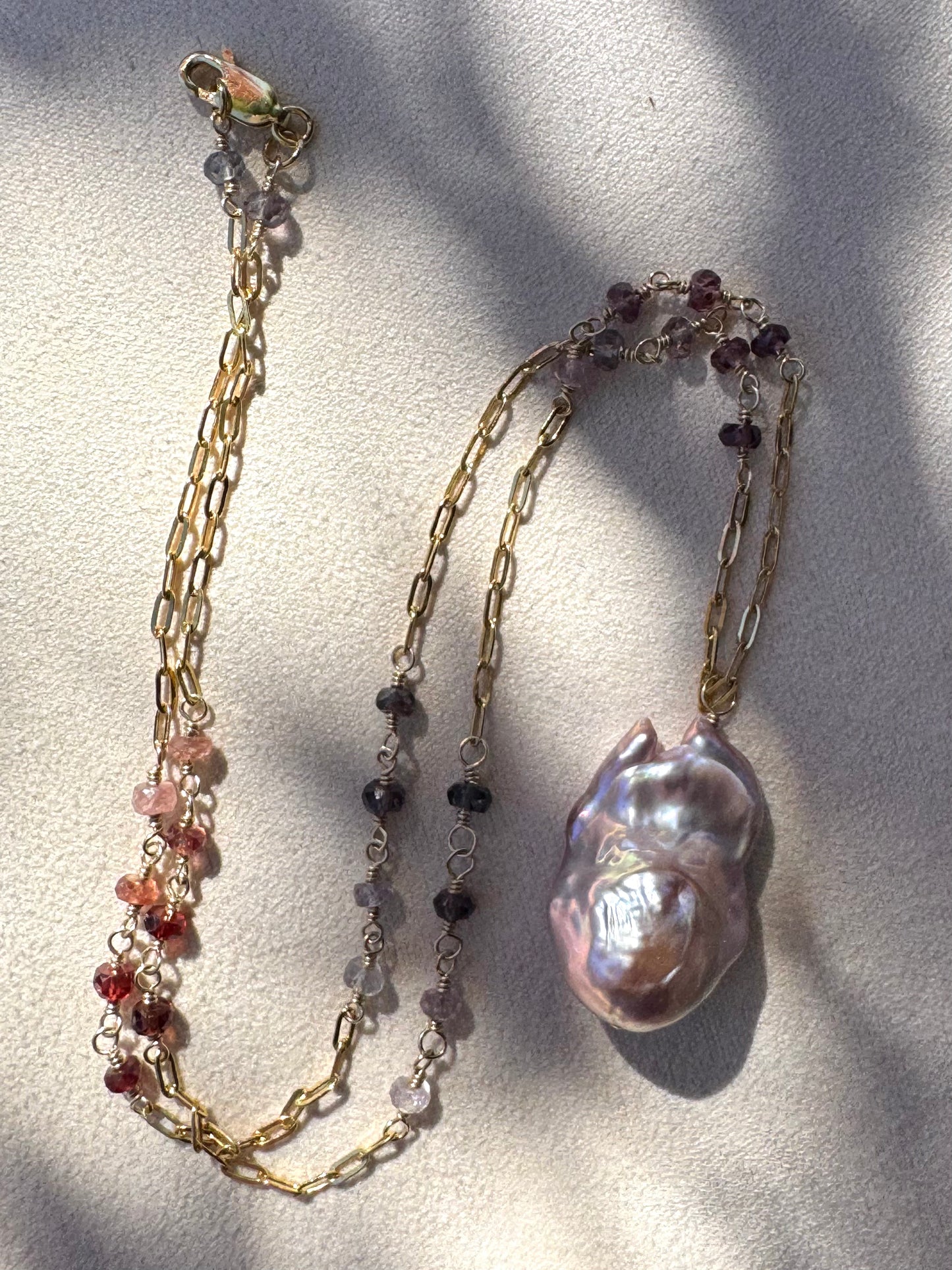 Rhea - Mauve Flameball Baroque Pearl Pendant with Wire Wrapped Ombre Spinel in 14kt Gold-Fill