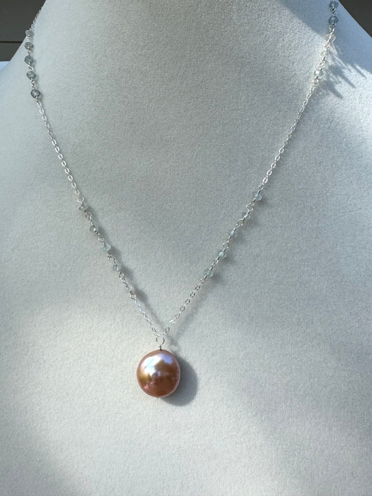 Mae - Pink Coin Pearl Pendant with Wire Wrapped Aquamarines in Sterling Silver