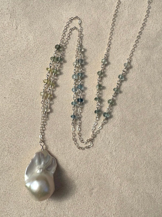 Willa - White Baroque Flameball Pearl Pendant with Wire Wrapped Aquamarines in Sterling Silver