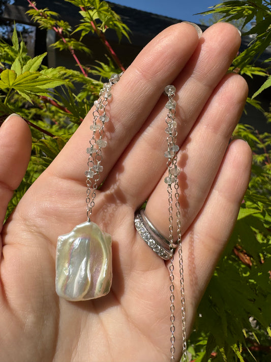 Ariel - Large Baroque Pearl Pendant with Wire Wrapped Aquamarines in Sterling Silver