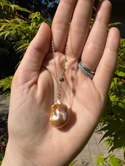 Calla - Pink Baroque Flameball Pearl Pendant with Wire Wrapped Multi Gemstones in Gold-Fill