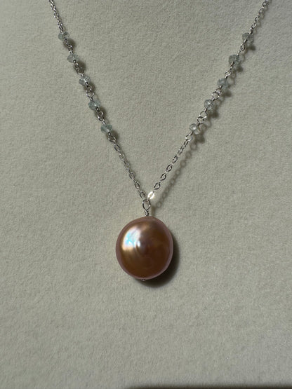 Mae - Pink Coin Pearl Pendant with Wire Wrapped Aquamarines in Sterling Silver