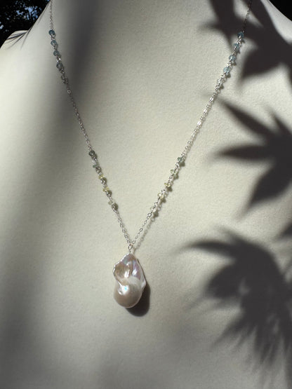 Willa - White Baroque Flameball Pearl Pendant with Wire Wrapped Aquamarines in Sterling Silver
