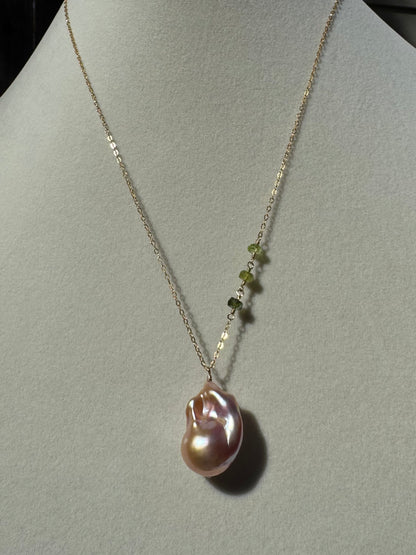Calla - Pink Baroque Flameball Pearl Pendant with Wire Wrapped Multi Gemstones in Gold-Fill