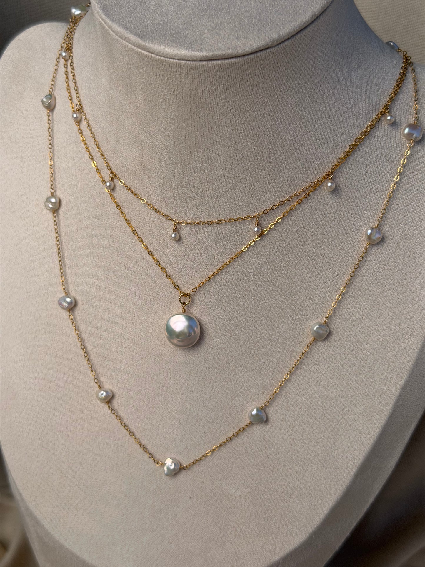 Sam - Keishi Pearls Wire Wrapped on Fine Flat Chain