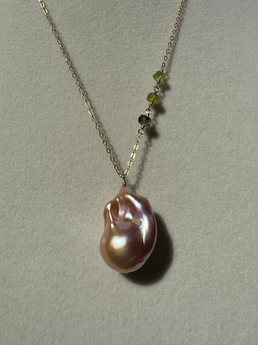 Calla - Pink Baroque Flameball Pearl Pendant with Wire Wrapped Multi Gemstones in Gold-Fill