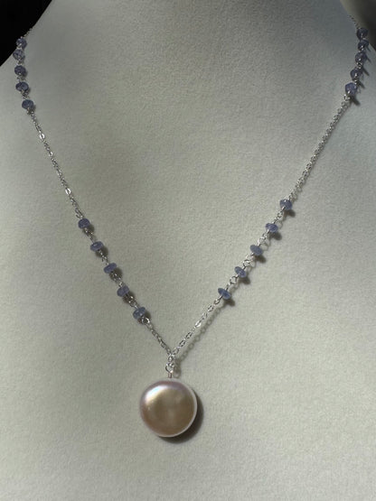 Iris - Coin Pearl Pendant with Wire Wrapped Tanzanite