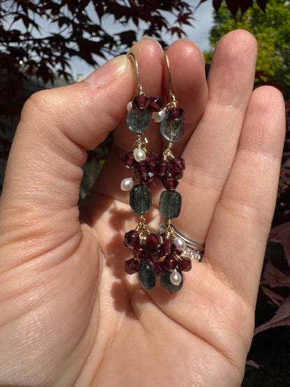 OOAK - Blue Tourmaline, Garnet and Pearl Earrings
