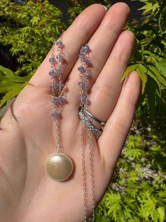 Iris - Coin Pearl Pendant with Wire Wrapped Tanzanite