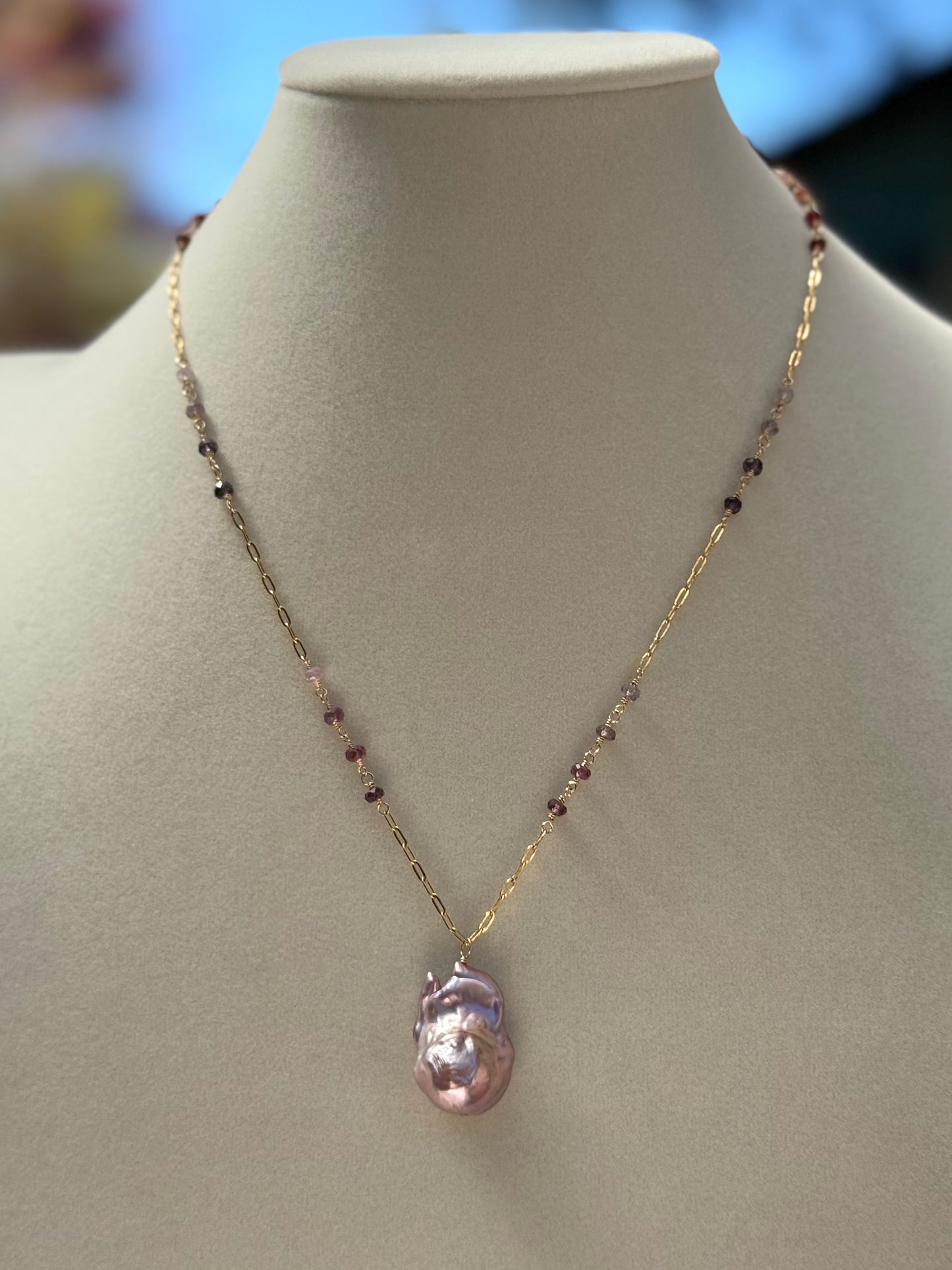 Rhea - Mauve Flameball Baroque Pearl Pendant with Wire Wrapped Ombre Spinel in 14kt Gold-Fill