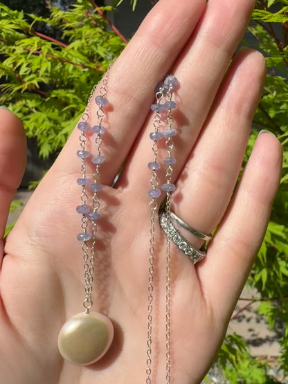 Iris - Coin Pearl Pendant with Wire Wrapped Tanzanite
