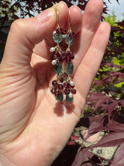 OOAK - Blue Tourmaline, Garnet and Pearl Earrings