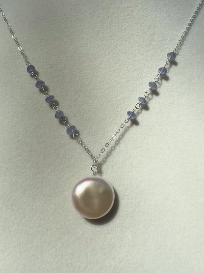 Iris - Coin Pearl Pendant with Wire Wrapped Tanzanite