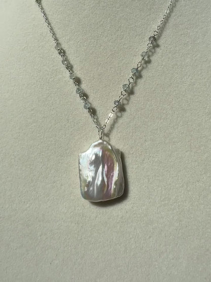Ariel - Large Baroque Pearl Pendant with Wire Wrapped Aquamarines in Sterling Silver
