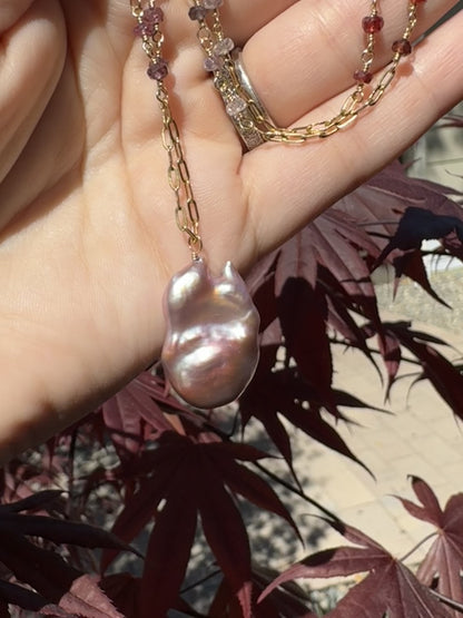 Rhea - Mauve Flameball Baroque Pearl Pendant with Wire Wrapped Ombre Spinel in 14kt Gold-Fill