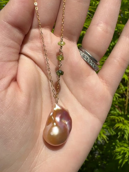 Calla - Pink Baroque Flameball Pearl Pendant with Wire Wrapped Multi Gemstones in Gold-Fill