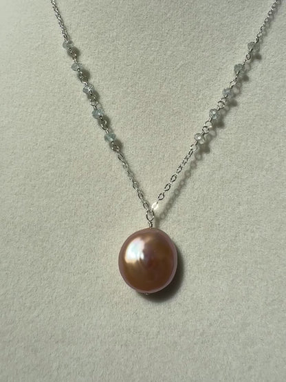 Mae - Pink Coin Pearl Pendant with Wire Wrapped Aquamarines in Sterling Silver